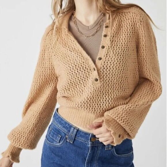 NWT Free People Snowdrift Pullover Camel Heather Ruffled Long Sleeve Collar Chic - Picture 1 of 16
